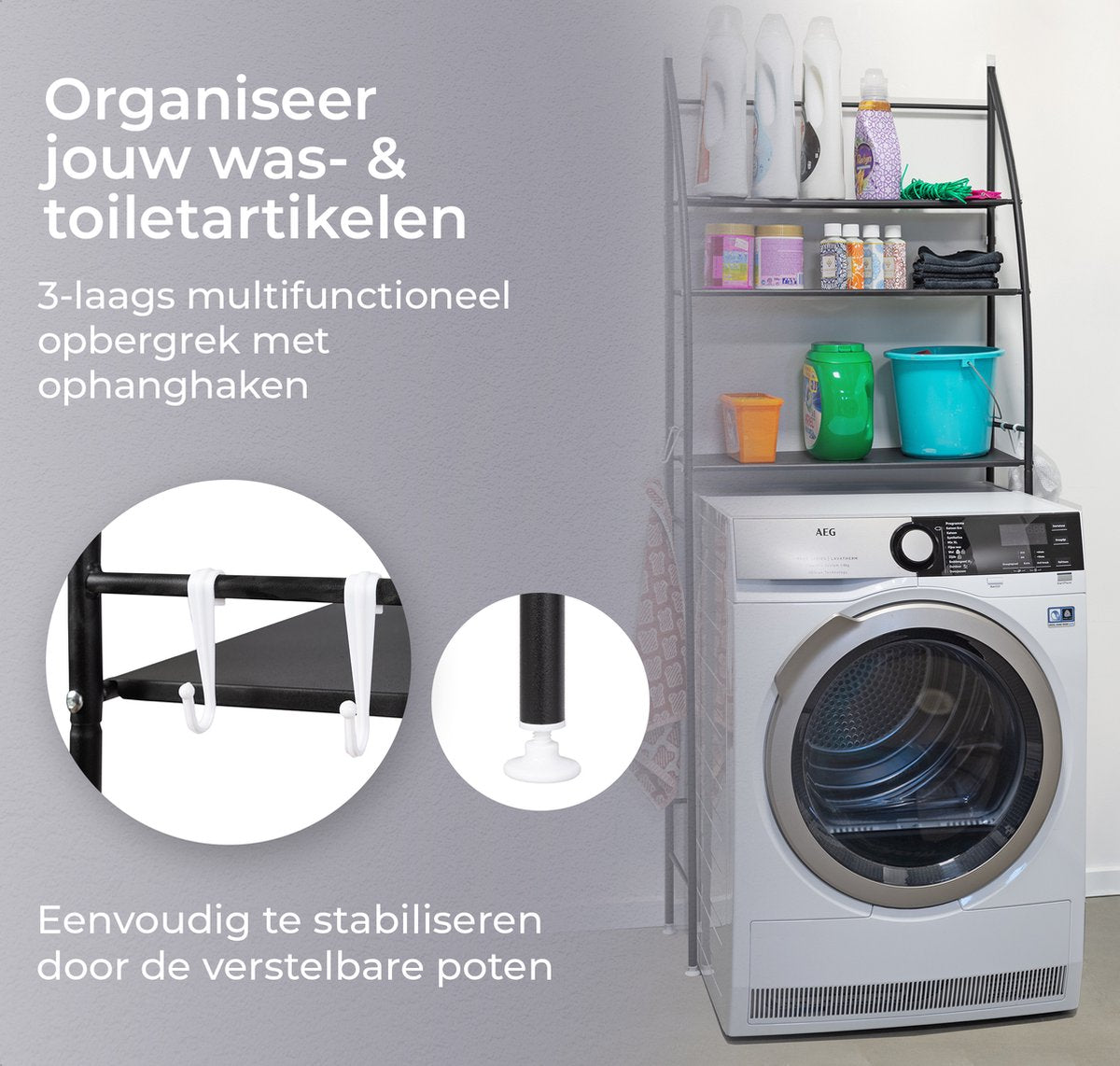 LG Life's Green wasmachine ombouw – Ruimtebesparende wasmachinekast – Opbergrek met 3 planken en handdoekhaken – Stabiele constructie – B65 x D25 x H175 cm – Zwart