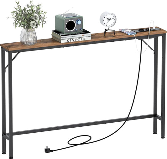 Consoletafel - Wandtafel - Haltafel met lades - 15 cm smalle consoletafel met laadstation, industrieel design, moderne salontafel met stabiel stalen frame, voor woonkamer, hal, kantoor (vintage bruin, 120 x 15 x 80 cm (l x b x h)