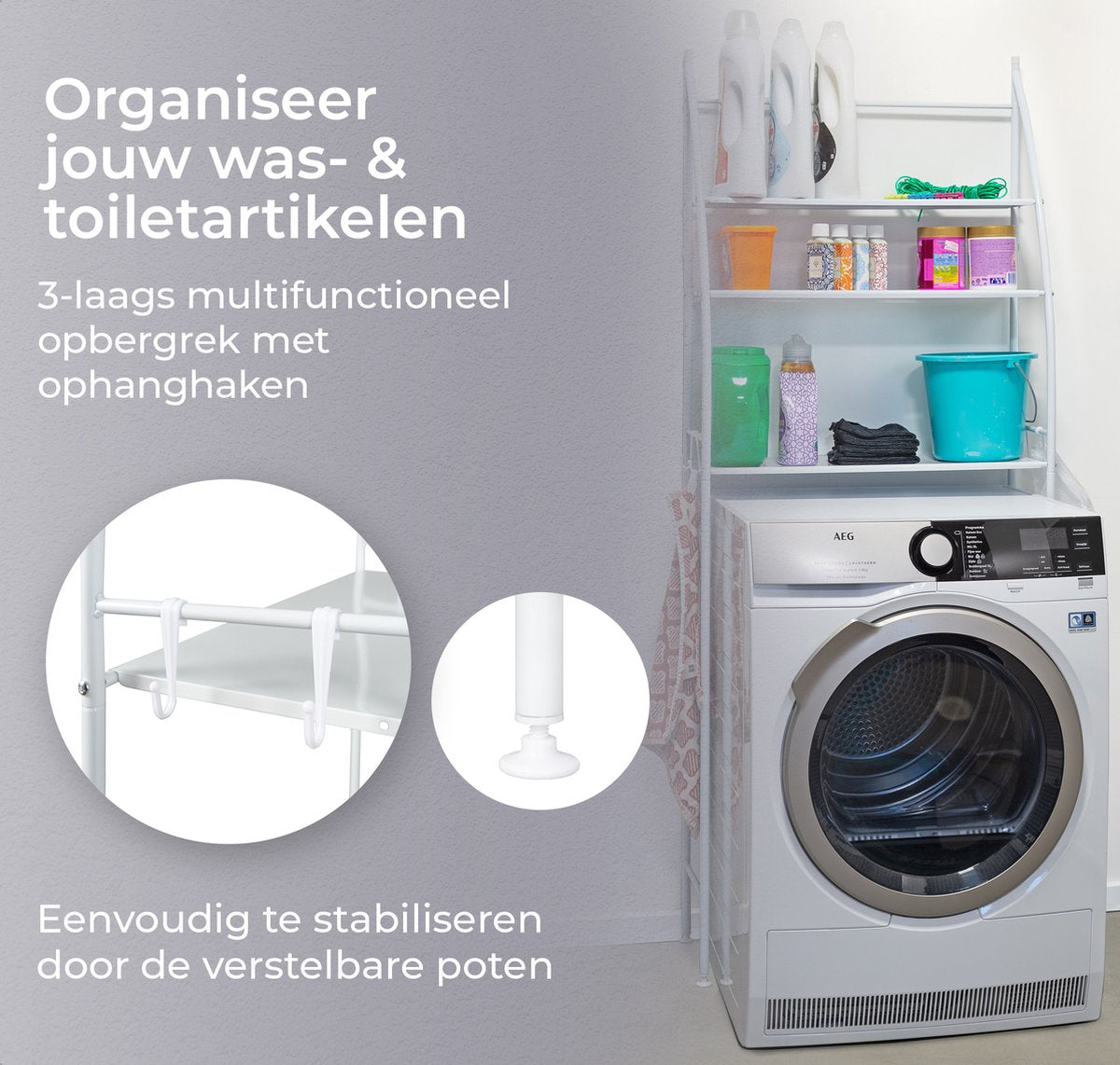 LG Life's Green wasmachine ombouw – Ruimtebesparende wasmachinekast – Opbergrek met 3 planken en handdoekhaakjes – Stabiele constructie – B65 x D25 x H175 cm – Wit