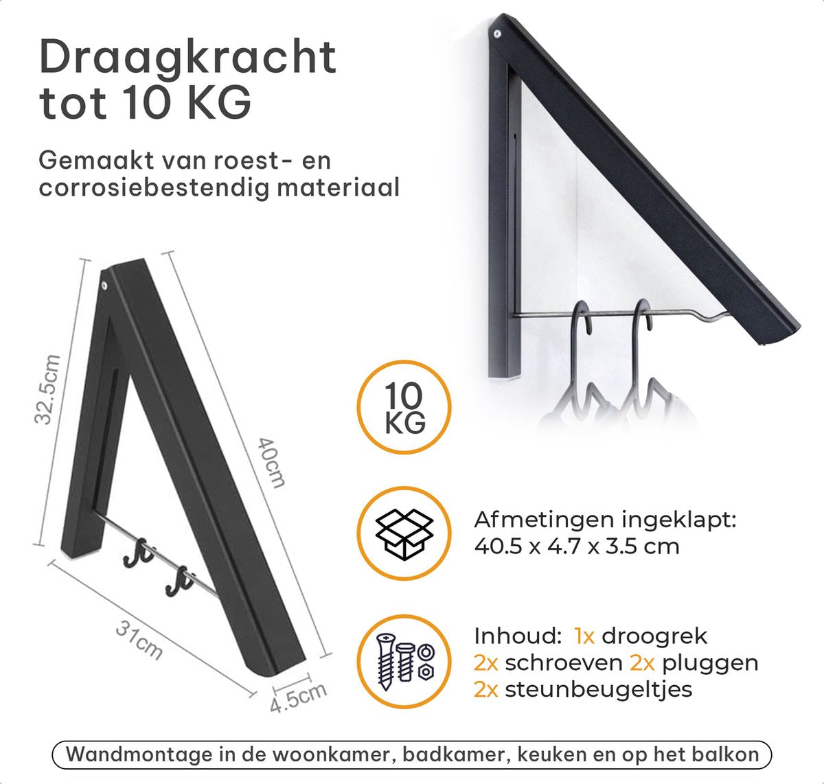 Milano Luxurious inklapbaar droogrek – Garderoberek – Wasrek inklapbaar – Kledinghanger wandmontage – Stevige inklapbare kledinghaak – Wanddroogrek – Inklapbaar droogrek – Zwart – 40.5 x 33 x 31 cm