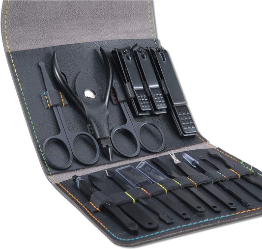 Pedicure Set - Electric Nail Drill - Nail Care - 16-Piece - With Storage Bag - Stainless Steel - Black