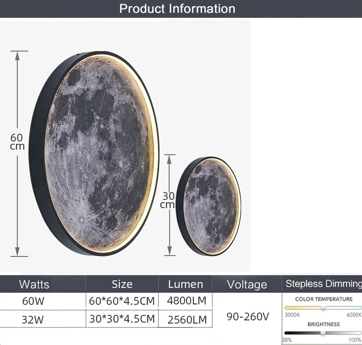 Iralan - Maan Wandlamp - Ø 60 cm - Dimbaar Met Afstandsbediening - Slaapkamerlamp - Woonkamerlamp - Moderne lamp - Led Lamp - Led Plafond Lamp