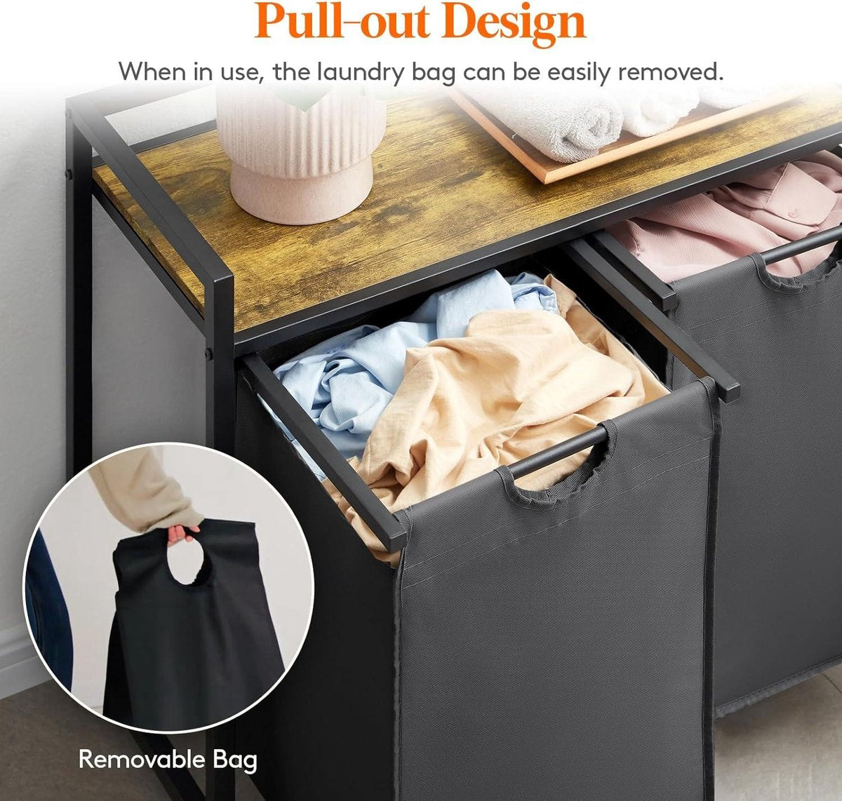 Laundry Basket 2 Sections 95 L - Shelf - Double Pull-Out Removable Bags - Laundry Sorter - Laundry Room Bedroom - Black Laundry Basket 3 Compartments