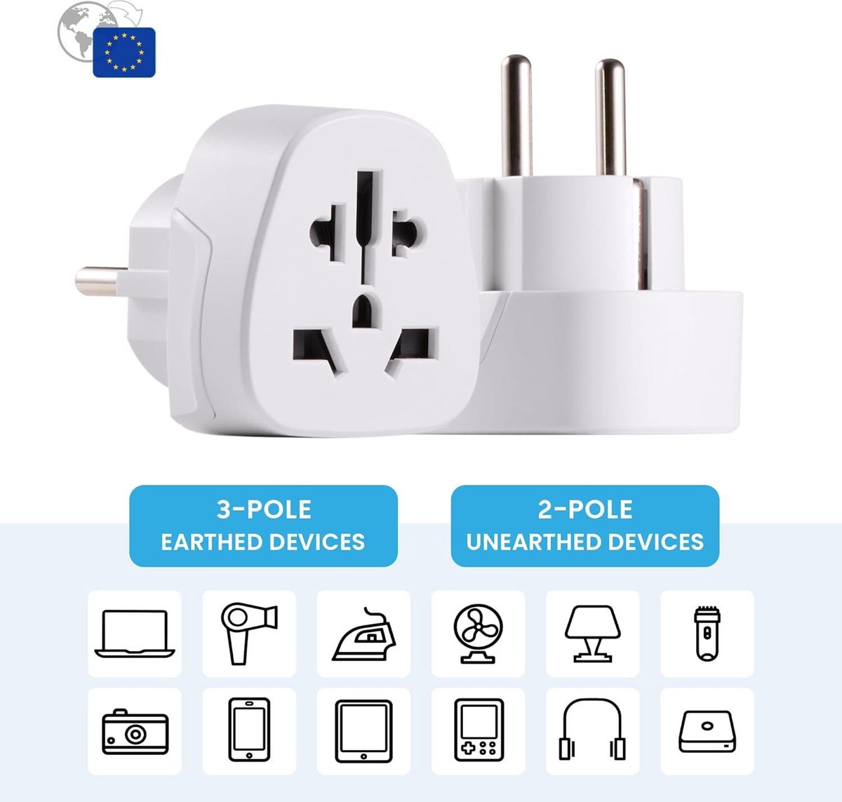 Ewent Universal World Europe Travel Adapter - USA-UK-AUS-China-Switzerland to Schuko Socket (IT-ES-DE-EU) compact