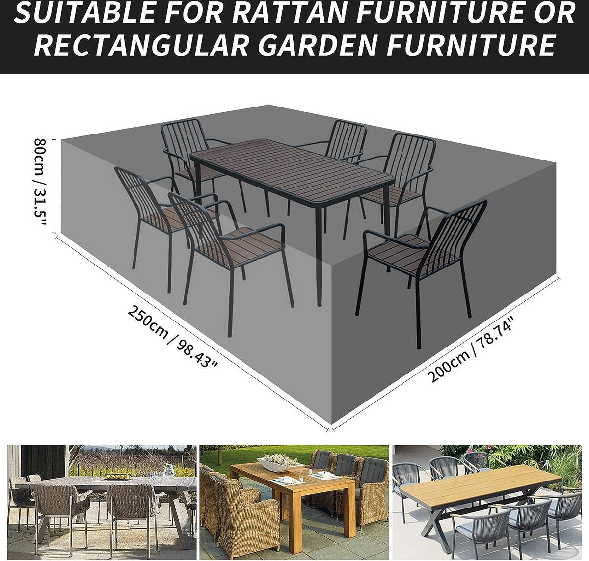 Garden furniture covers, 420D patio furniture covers, rectangular sofa covers, waterproof, outdoor garden table covers, windproof anti-UV, black 250 x 200 x 80 cm