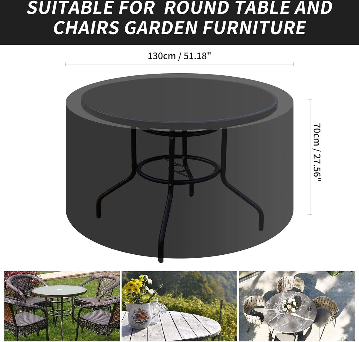 Large ronde tuintafel meubelhoes 420D Oxford-stof outdoor patio ronde set hoes voor stoelset, waterdicht, winddicht, anti-UV, tuinhoezen 130 x 70 cm, zwart