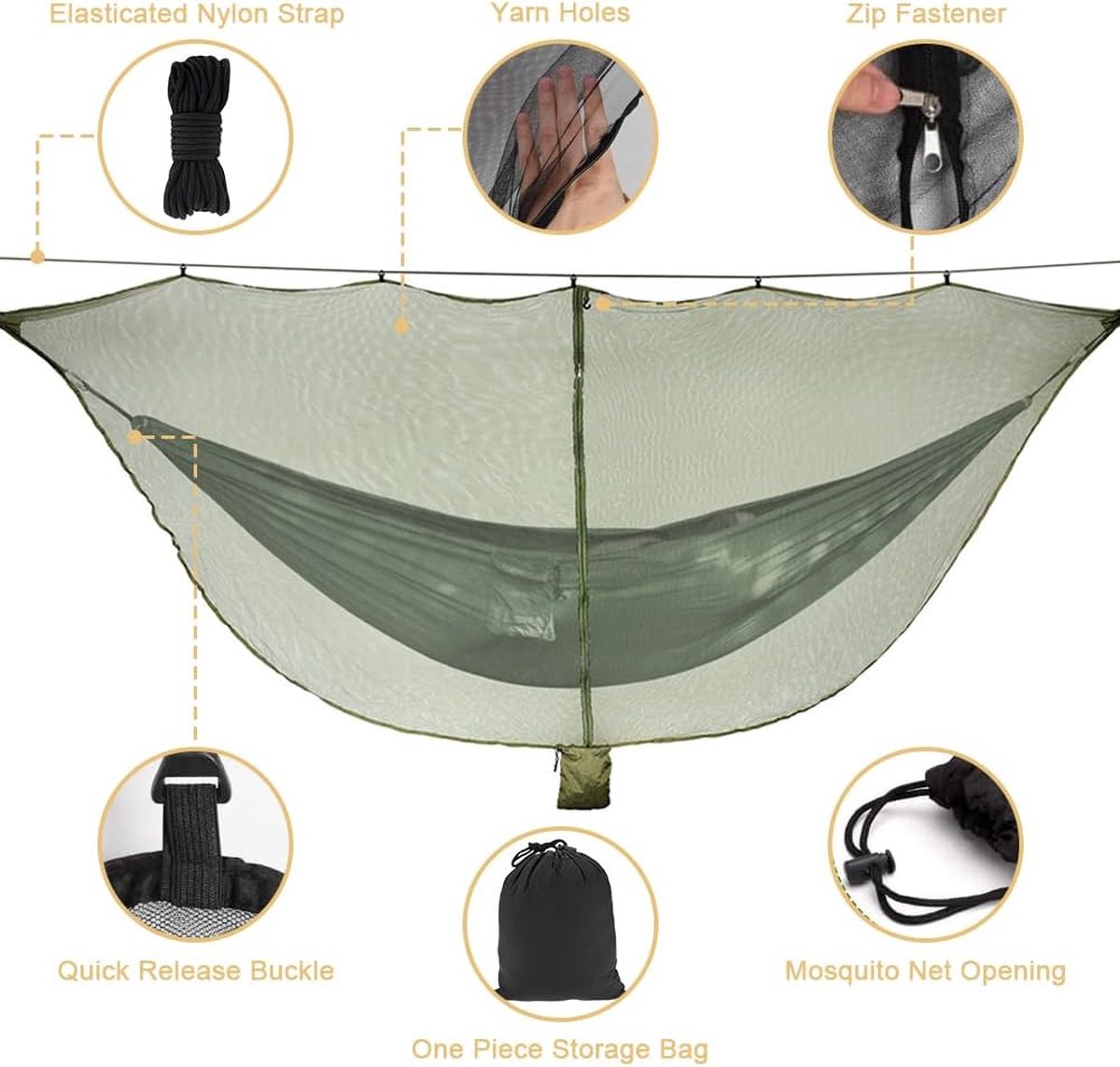 Hangmat Klamboe, Camping Hangmat Net 360 Graden Bescherming Polyester Net met Dubbelzijdige Rits Lichtgewicht Reizen Camping Hangmat Insectennet voor Wandelen Reizen Buiten