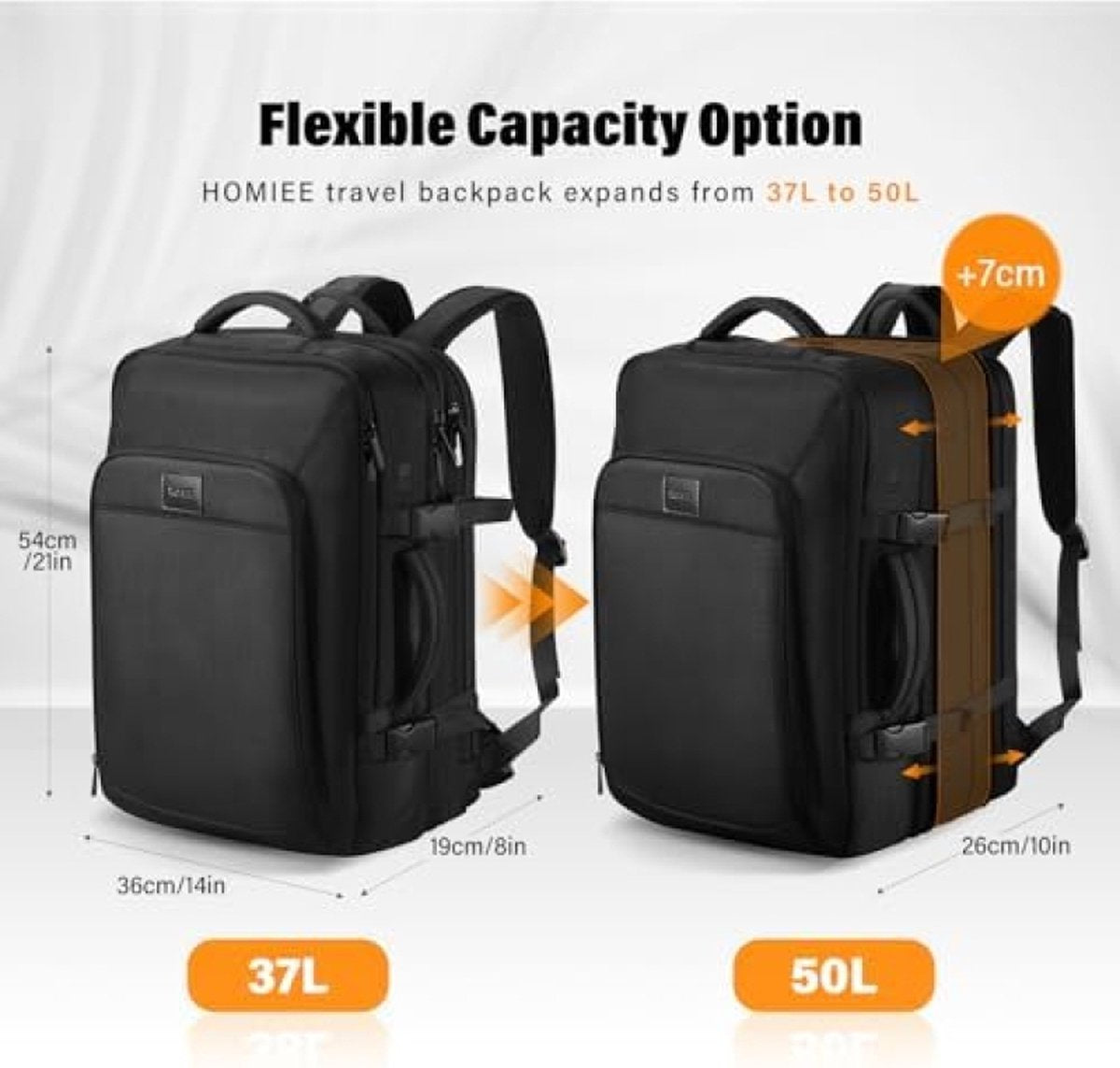 Handbagage, reisrugzak, uitbreidbare rugzak, 38 tot 50 liter, 17,3 inch laptoprugzak, heren, dames, handbagage, vliegtuig, opvouwbare reistas, rugzak, grote reistas, X-Large, Vakantie