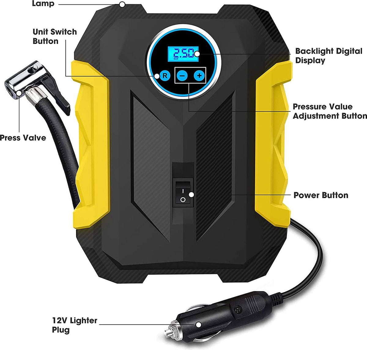 Digital Car Air Compressor - Portable Tyre Inflator with LED light 12V