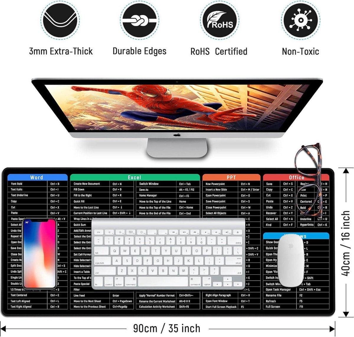 Gaming mouse pad with Excel shortcuts - Large and multifunctional desk mat - Comfortable and non-slip - 900 x 400 mm