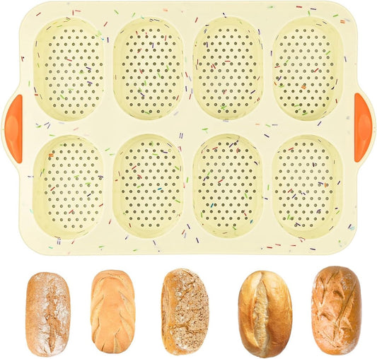 Broodjesbakvorm, siliconen, met olieborstel, broodjesbakvormen, mini-stokbrood, bakplaat, antiaanbak, baguettevorm, siliconen vormen, 8 eenheden, brood, crisping