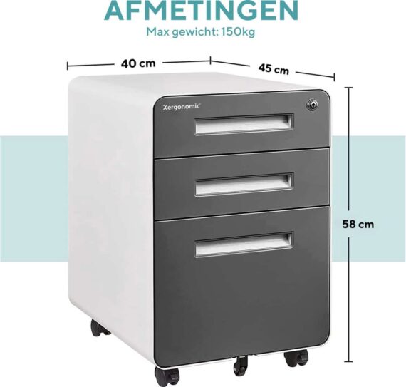 Xergonomic Bane Commode – Verrijdbaar Ladenblok Bureau – Bureau Organizer – Bureau Accessoires – Ladeblok 3 Lades –