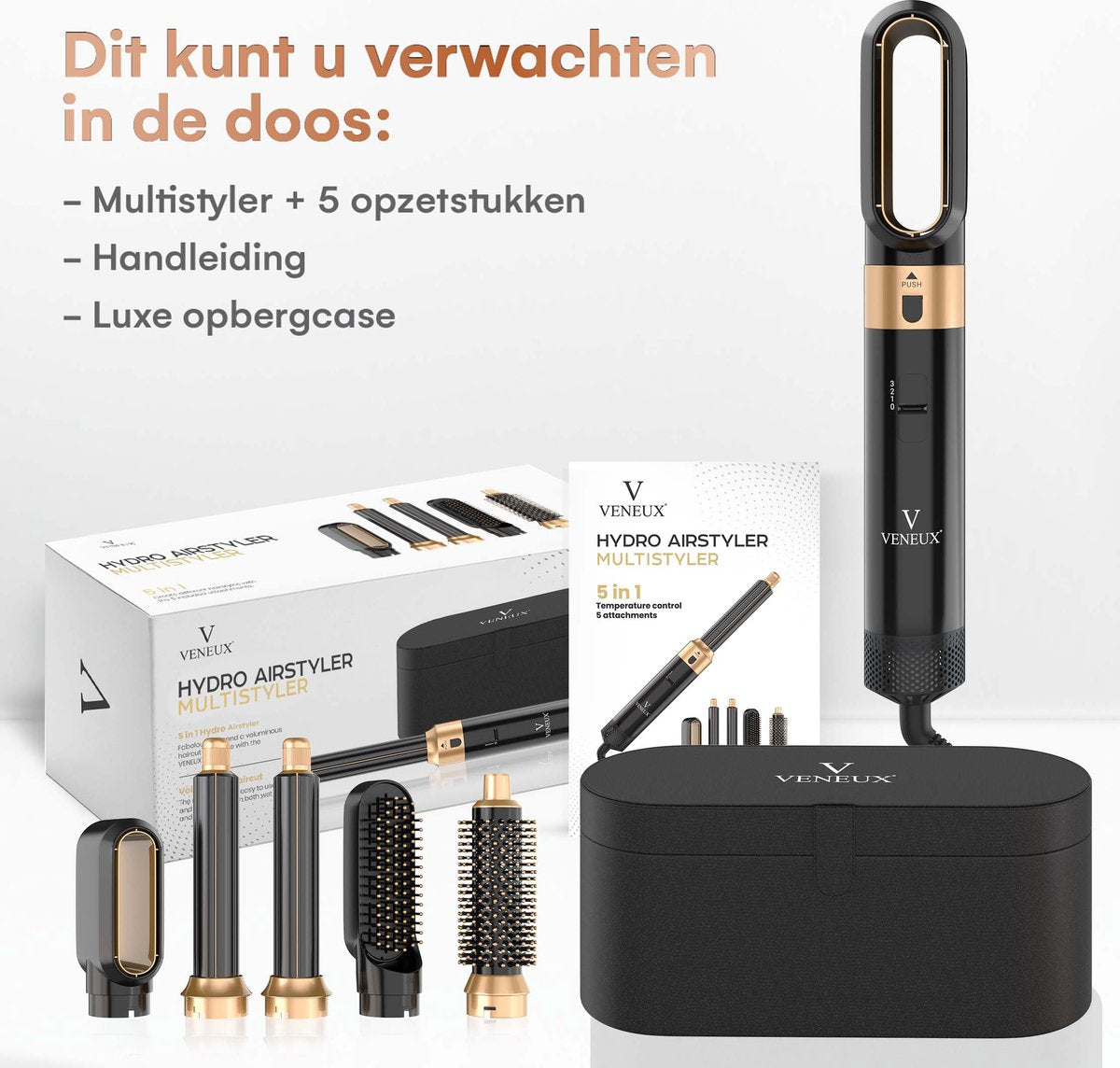 VENEUX® Föhnborstel - Airstyler - Krulborstel - Krultangen - 5-in-1 Multistyler - Met Opbergcase - Zwart Met Goud
