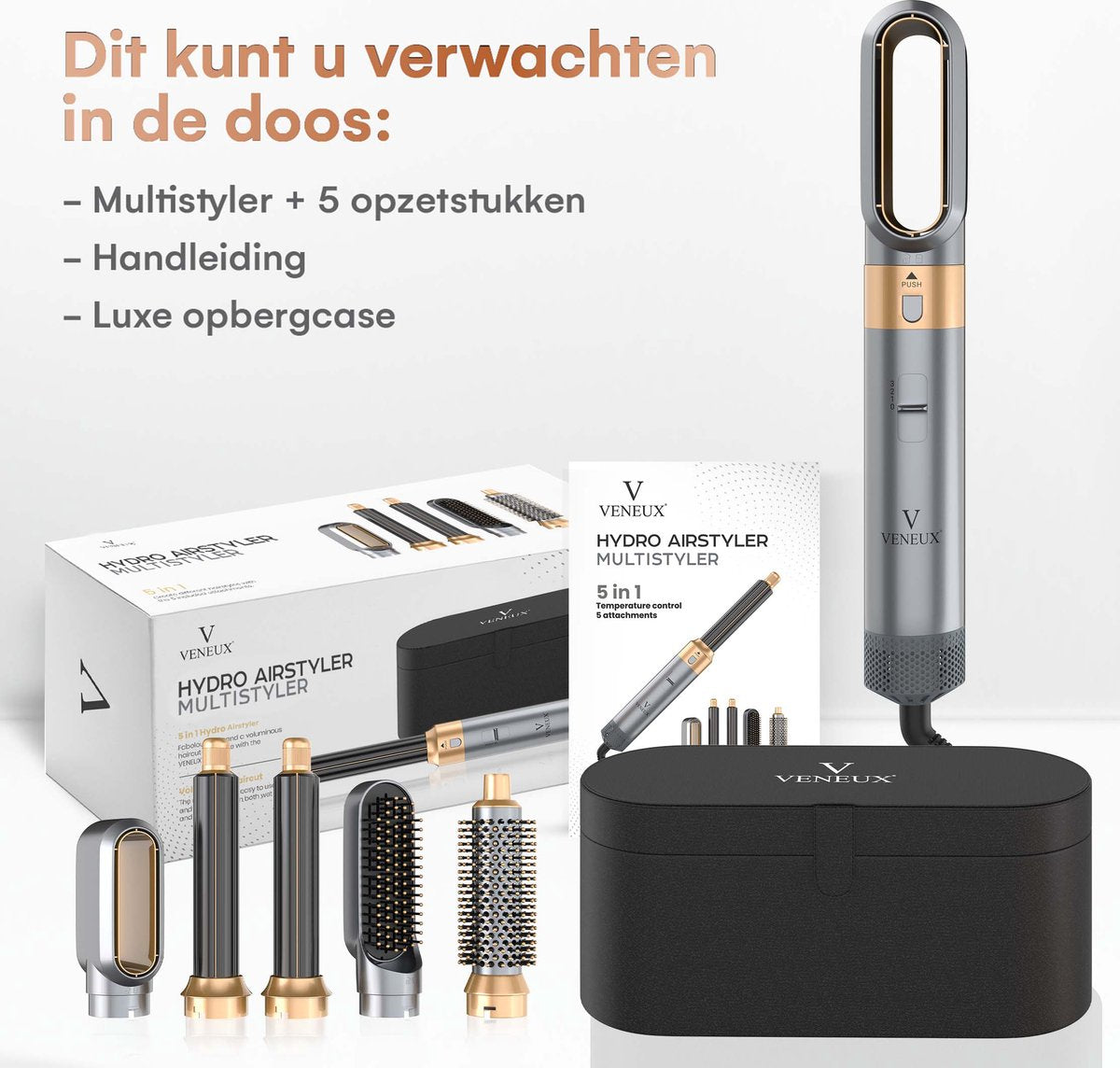 VENEUX® Föhnborstel - Airstyler - Krulborstel - Krultangen - 5 in 1 Multistyler - Met Opbergcase - Grijs Met Goud