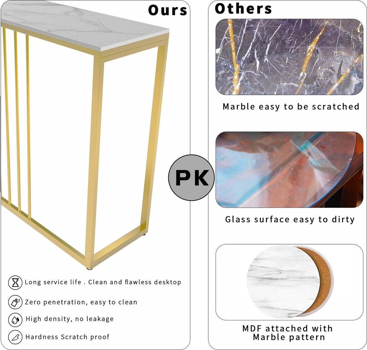 J&R Luxe sidetable - Muurtafel - Wandtafel - Bijzettafel - Console tafel - Wandbureau - Kaptafel - Bartafel - Zwart marmer blad - Goud frame - 100 x 300 x 78.5cm - Wit