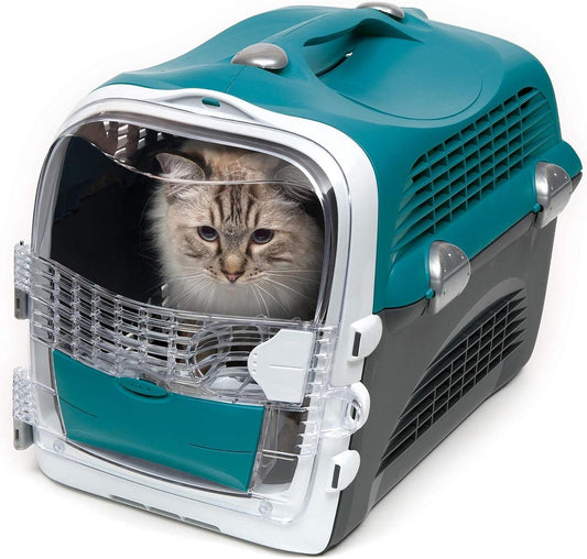Cat Travel Basket Cabrio Carrier Transport Box for Cats - Turquoise Grey