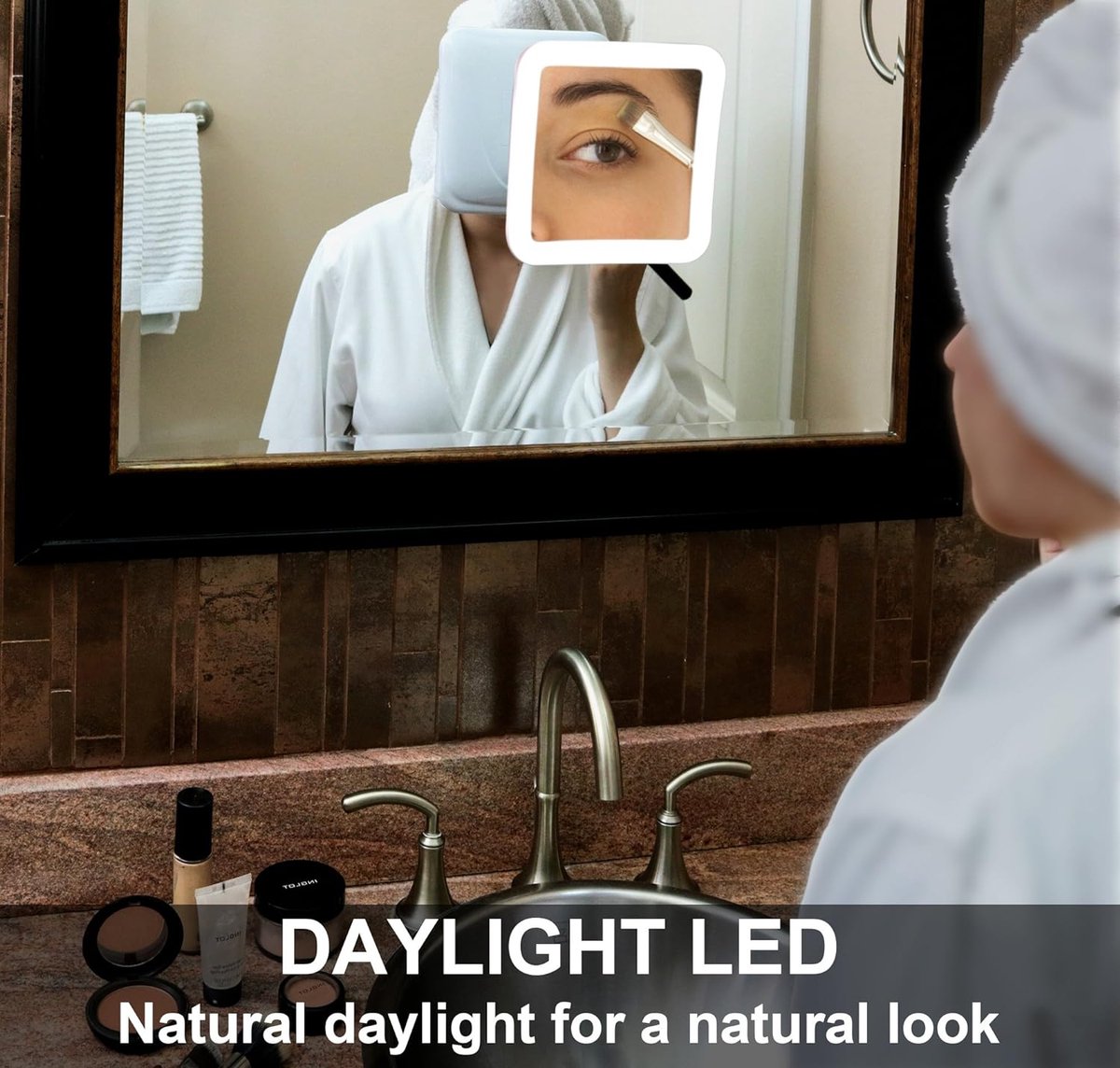Lighted Makeup Mirror 10X Magnification - Daylight LED Magnifying Mirror - Compact, Cordless, Suction Cup, 163mm Wide, 360 Rotation (Mira)