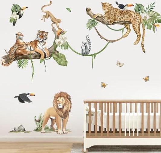 Jungle Dieren Boom Tak Muurstickers Safari Dierlijke Leeuw Luipaard Tijger Muurtattoo Babykinderkamer Kinder Woonkamer Slaapkamer Wanddecoratie
