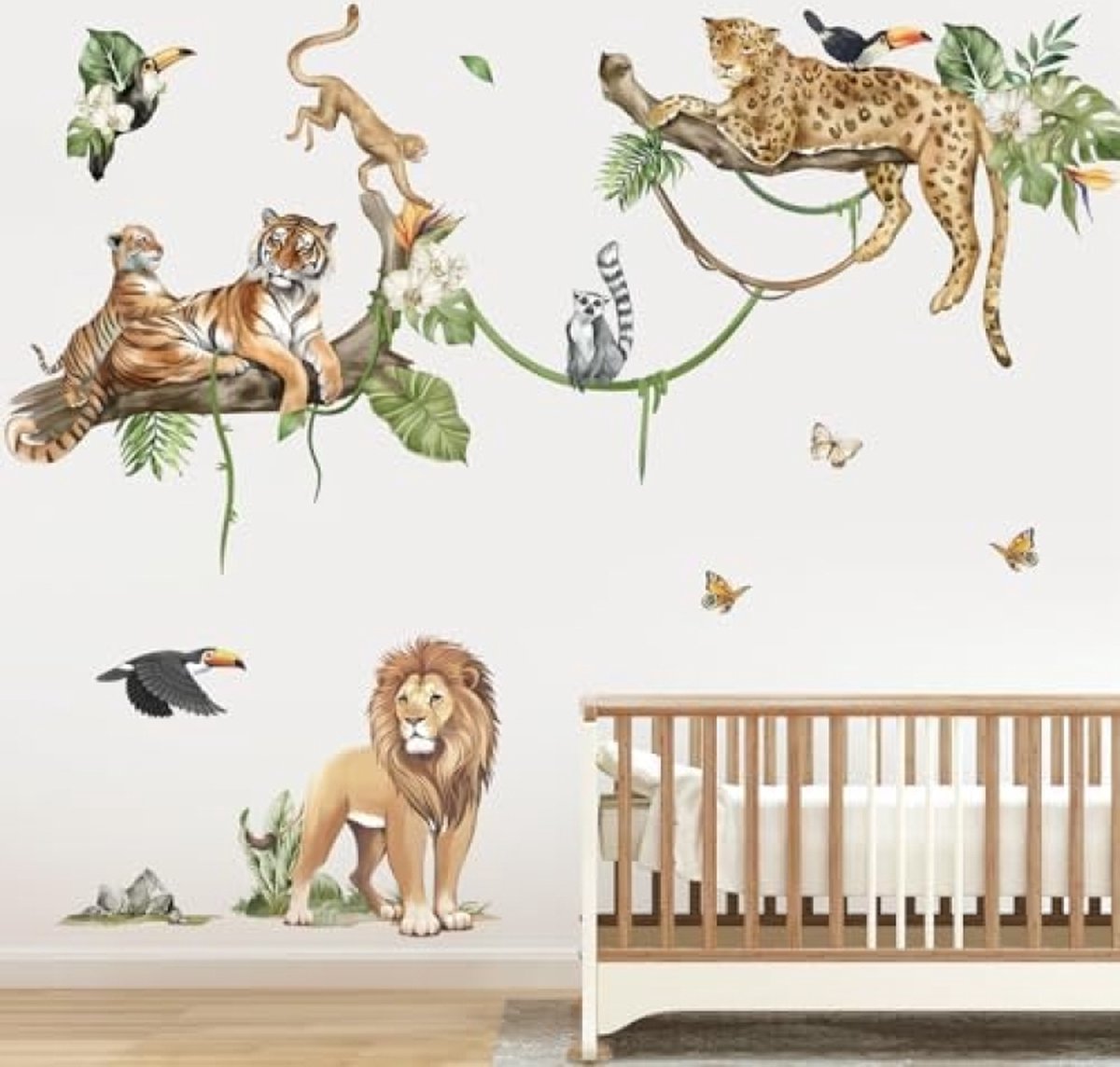 Jungle Dieren Boomtak Muurstickers Safari Dierlijke Leeuw Luipaard Tijger Muurtattoo Baby Kinderkamer Kinder Woonkamer Slaapkamer Wanddecoratie