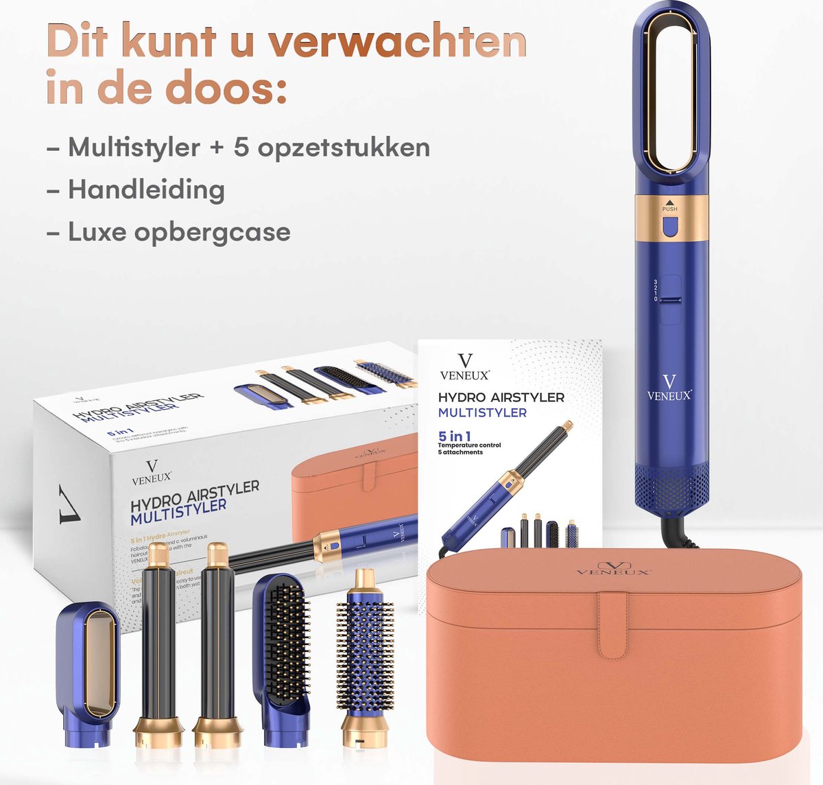 VENEUX® Föhnborstel - Airstyler - Krulborstel - Krultangen - 5-in-1 Multistyler - Met Opbergcase - Blauw Met Goud