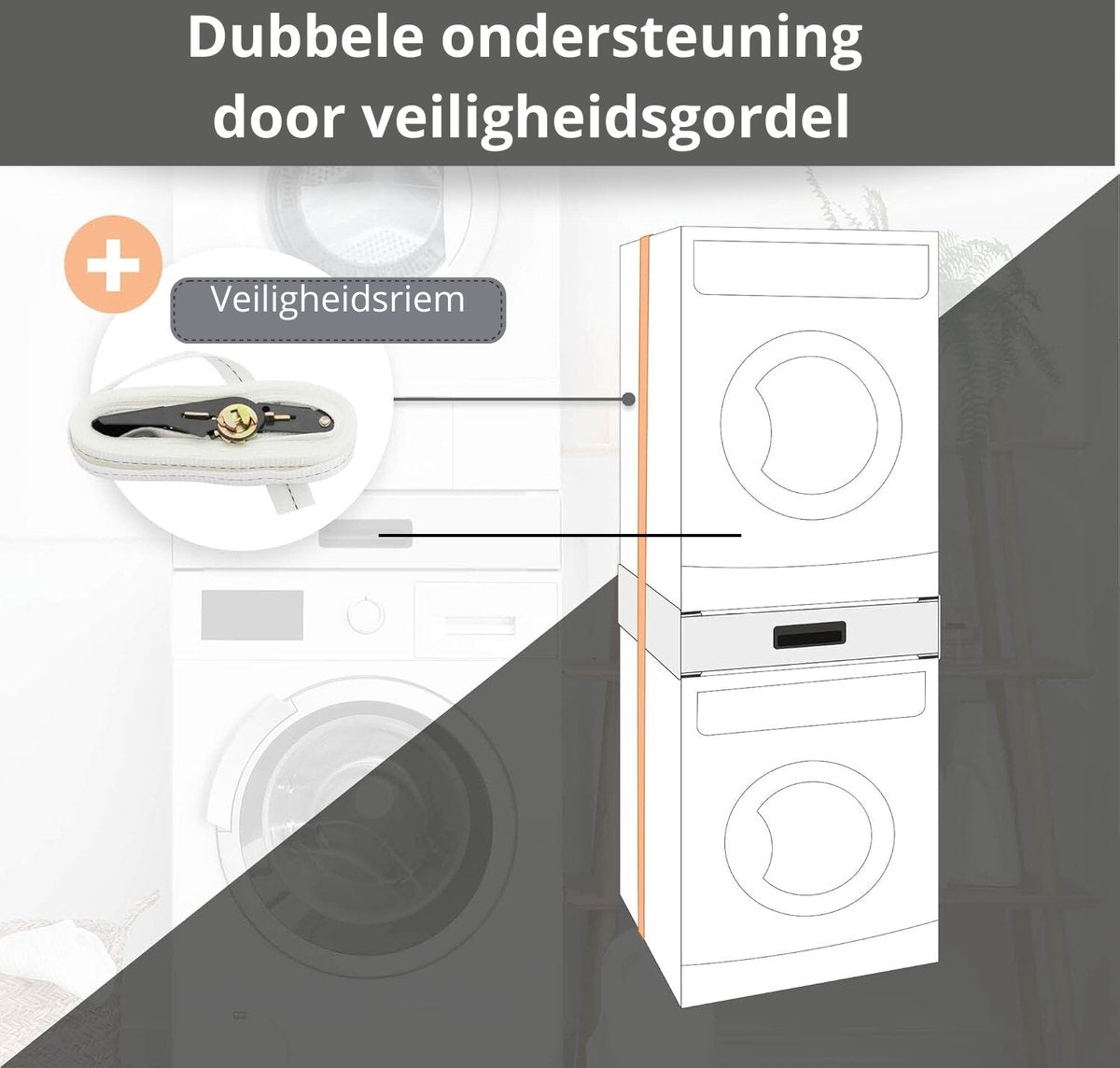 Tussenstuk Wasmachine Droger - Universeel - Stapelkit - Opbouwmeubel - Verhoger - Met Lade - Wit - 60,5x54x15