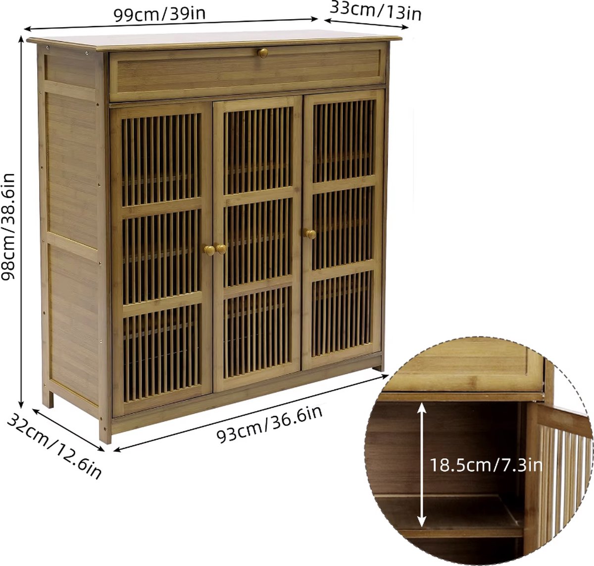 J&R Schoenenkast - Houten kast - 3 deuren - 4 planken - Opbergvak - Keukenkast - Gangkast - Eetkamerkast - Bamboe - Dressoir - Lichtbruin