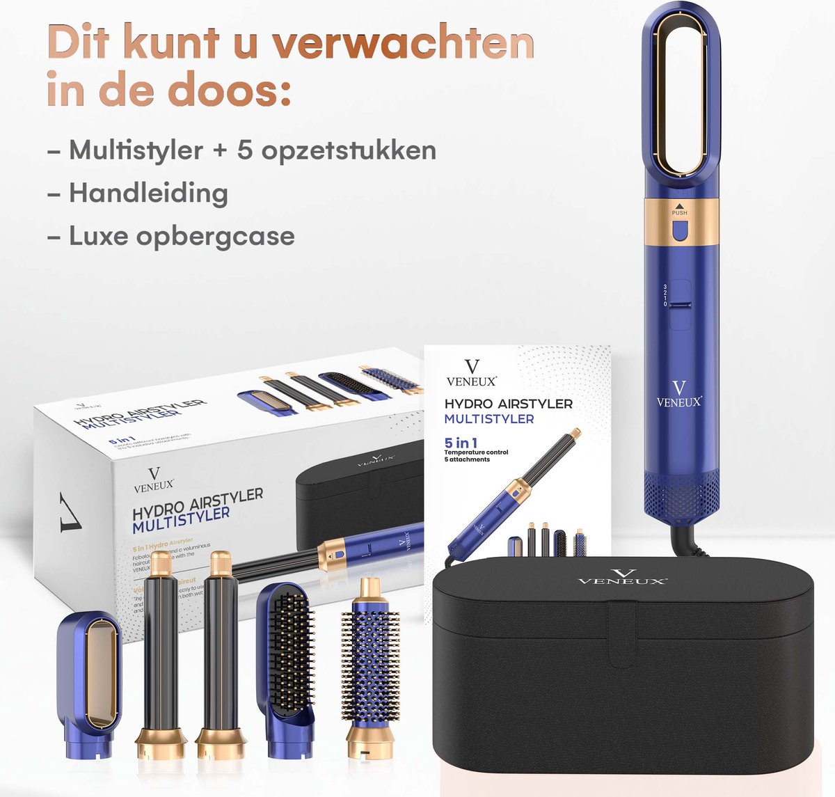 VENEUX® Föhnborstel - Airstyler - Krulborstel - Krultangen - 5-in-1 Multistyler - Met Opbergcase - Blauw Met Goud