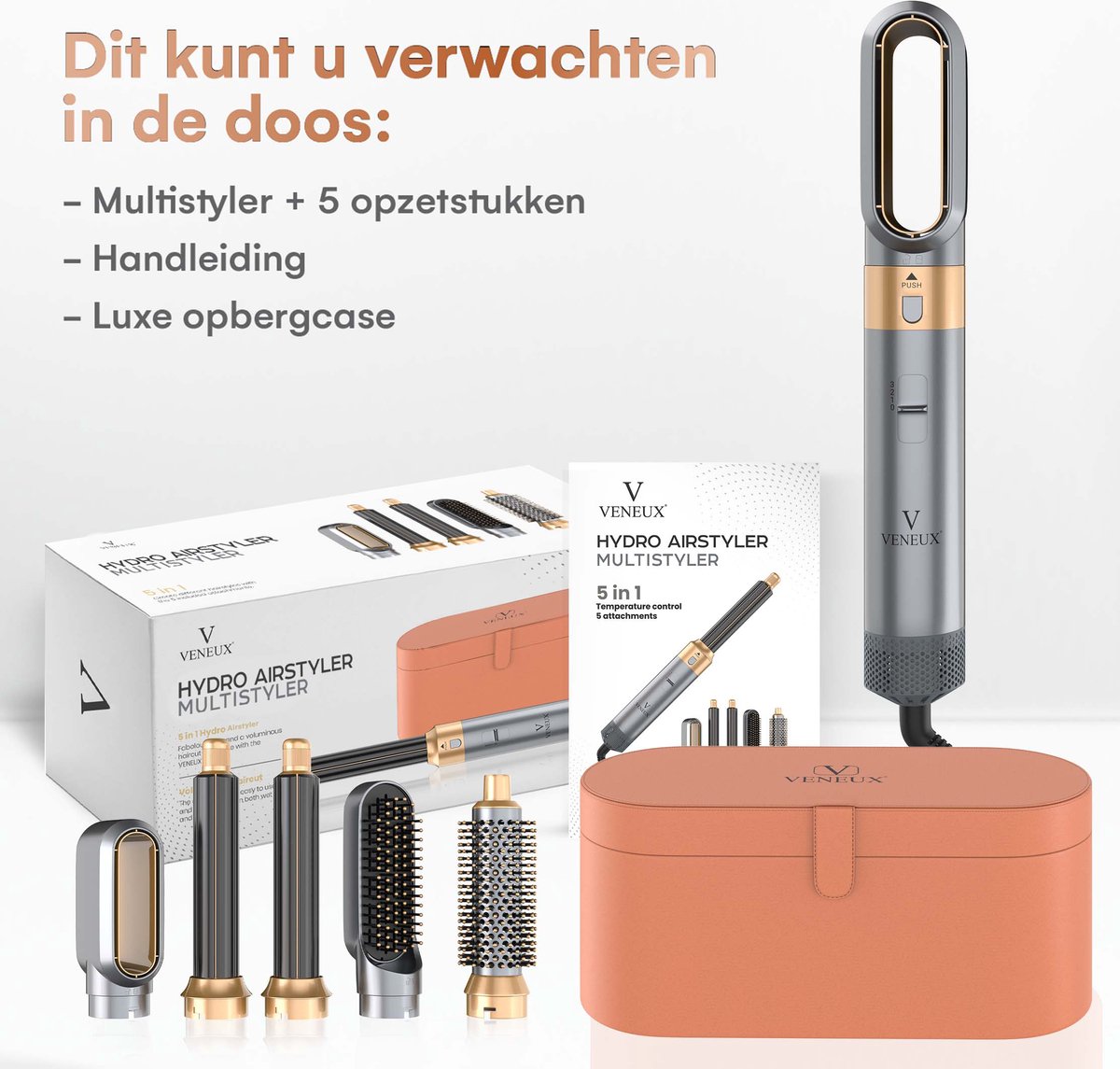 VENEUX® Föhnborstel - Airstyler - Krulborstel - Krultangen - 5-in-1 Multistyler - Met Opbergcase - Grijs Met Goud