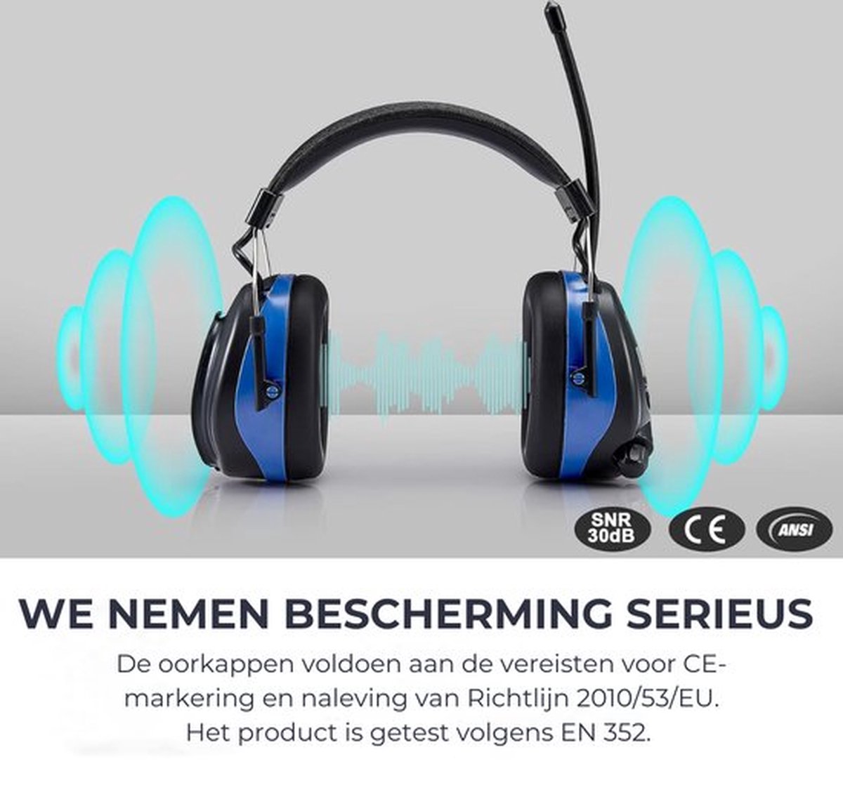 PROTEAR - Rechargeable Ear Defenders with Bluetooth FM/AM Digital Radio - External Microphone - SNR 30dB - Blue