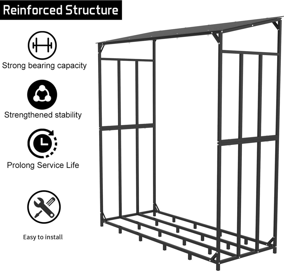 Firewood storage - Outdoor wood storage - With roof - Steel - Black - 157x60x177 cm - Max. weight 300kg - Wood storage - Firewood storage