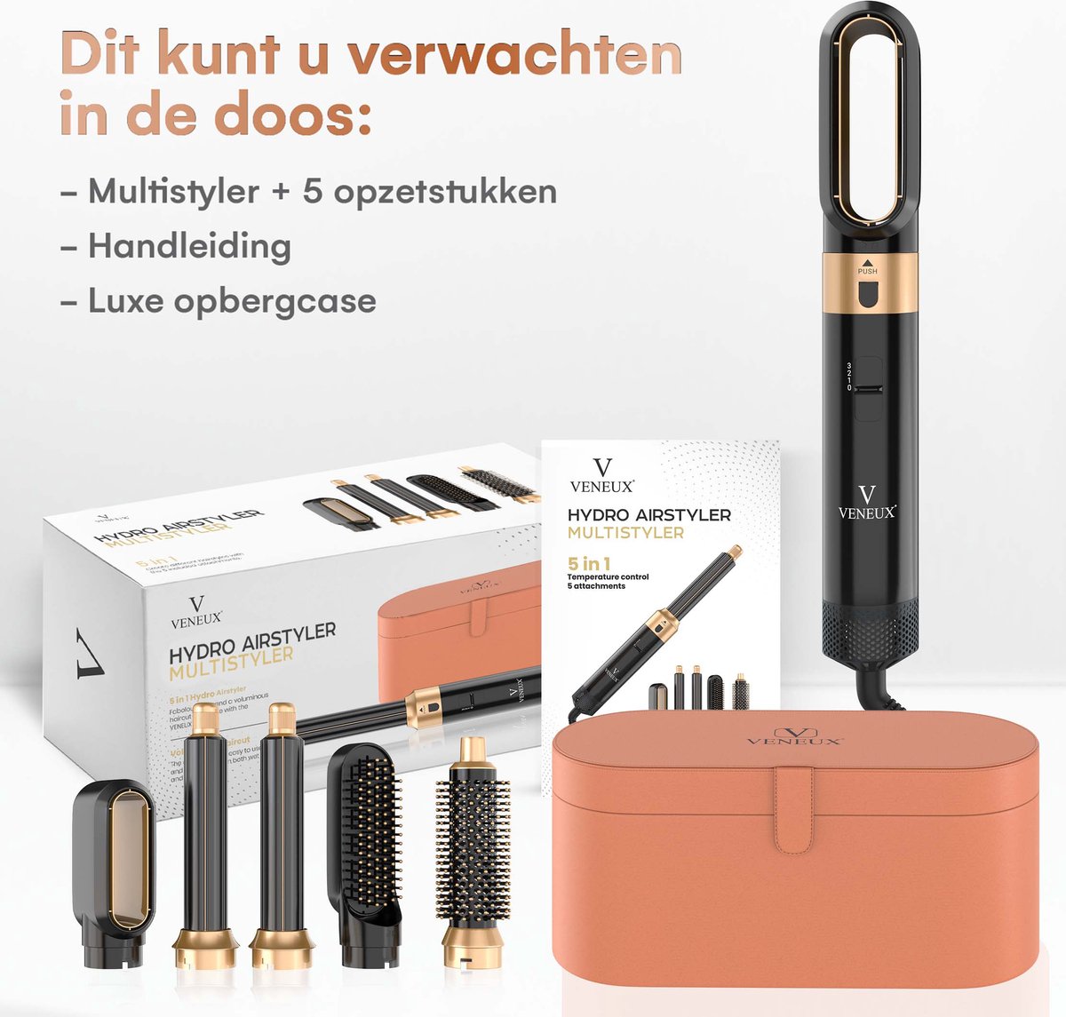 VENEUX® Föhnborstel - Airstyler - Krulborstel - Krultangen - 5 in 1 Multistyler - Met Opbergcase - Zwart Met Goud