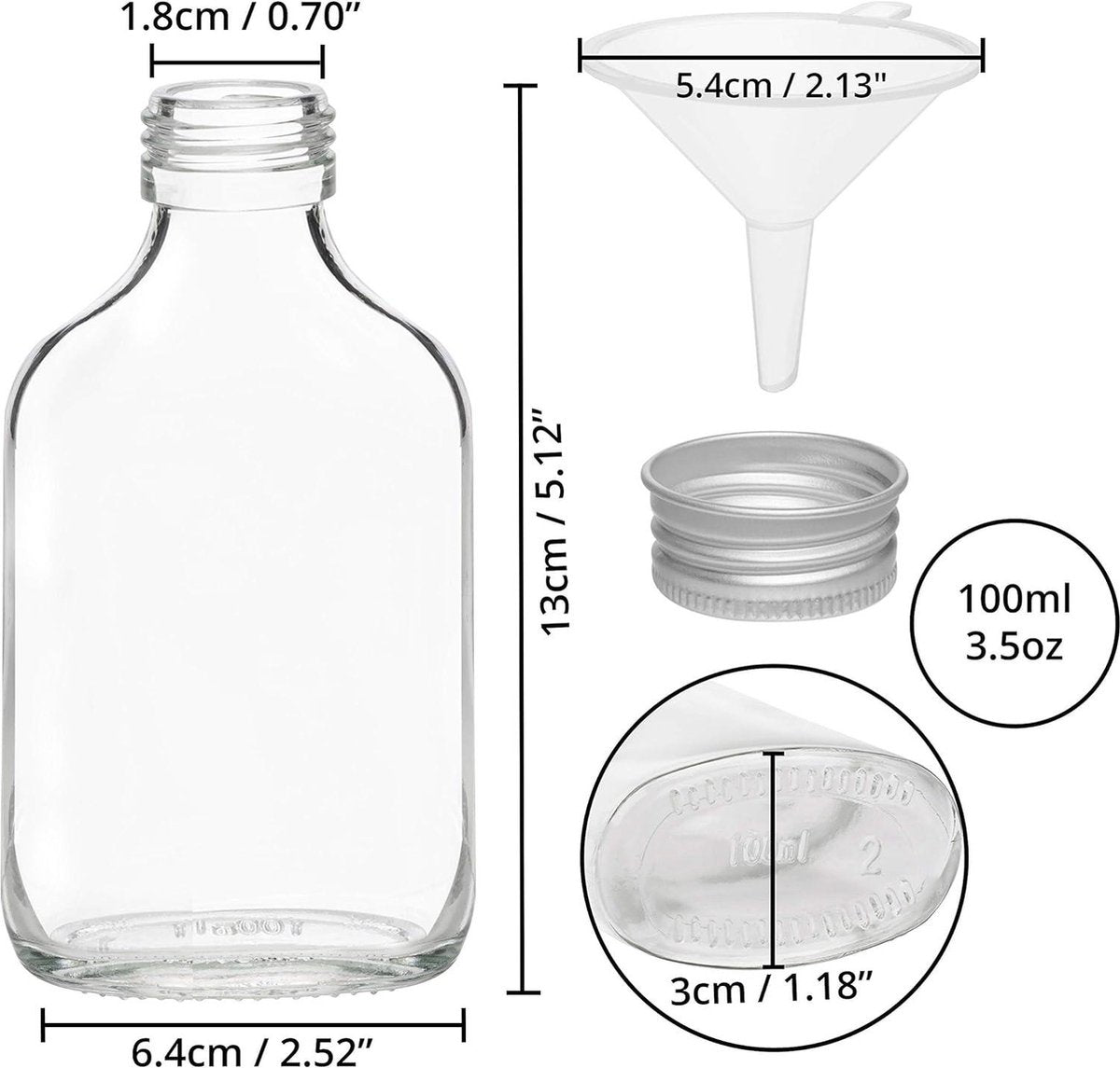 Mini 100ml Glazen Flesjes - 20 Stuks, Zilveren Dopjes & Trechter - Lege Mini Flesjes Voor Bruiloften & Feestjes - Alcohol Shots & Drankjes