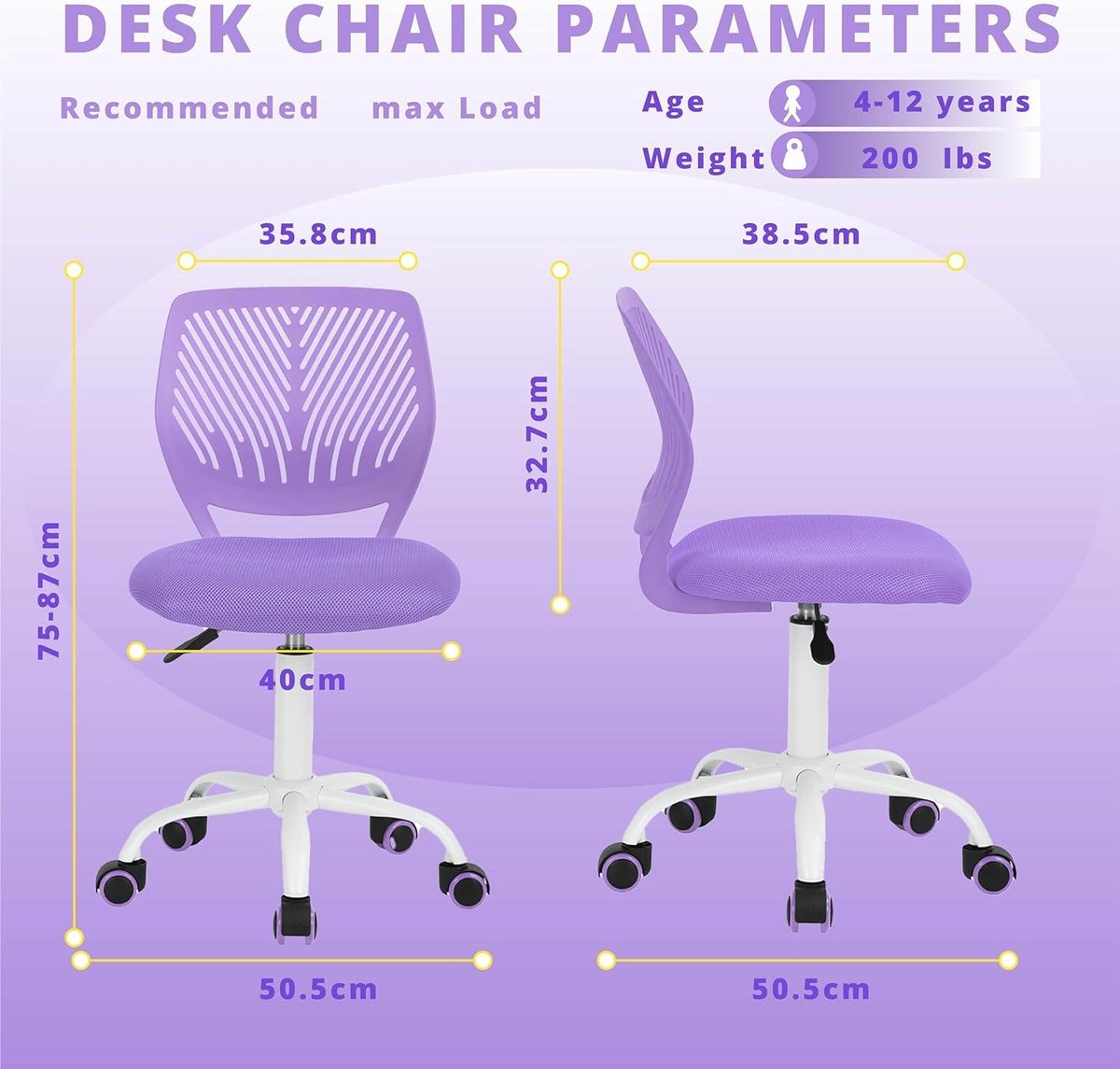 Verstelbare paarse armloze design computerstoel - kinderstudie - thuis- en kantoorstoel - 385 cm x 40 cm x 75-87 cm