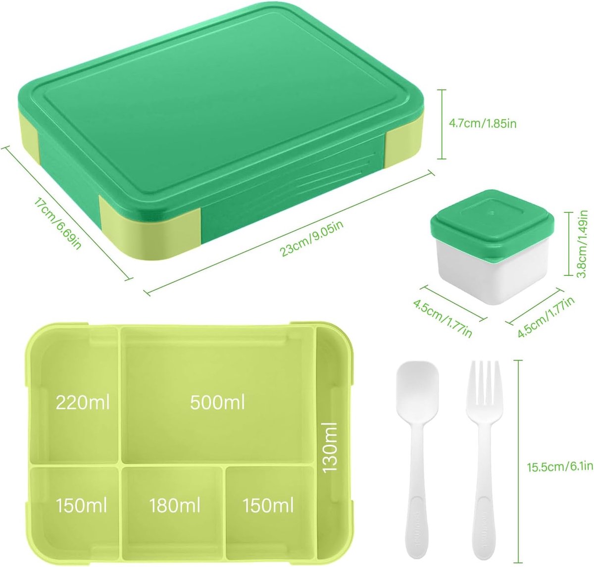 Lunchbox 1300 ml, lekvrij, broodtrommel voor kinderen met 5 vakken en bestekset, BPA-vrij, broodtrommel voor kinderen en volwassenen, geschikt voor magnetron en vaatwasser (groen)