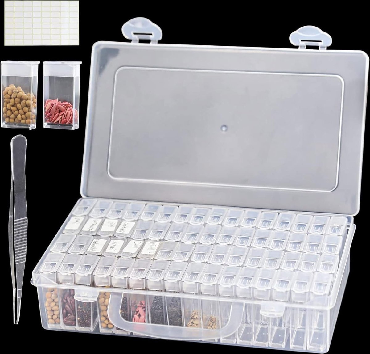 Seed Storage Box, with 64 compartments and 112 stickers, seed tray for flower seeds, vegetable seeds, fruit seeds, pepper seeds, clover seeds, basil seeds, tomato seeds