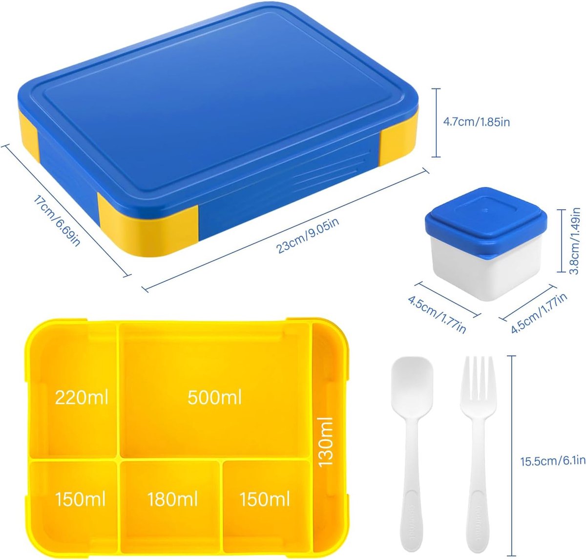 Lunchbox 1300 ml, lekvrij, broodtrommel voor kinderen met 5 vakken en bestekset, BPA-vrij, broodtrommel voor kinderen en volwassenen, voor magnetron, vaatwasser (blauw-geel)