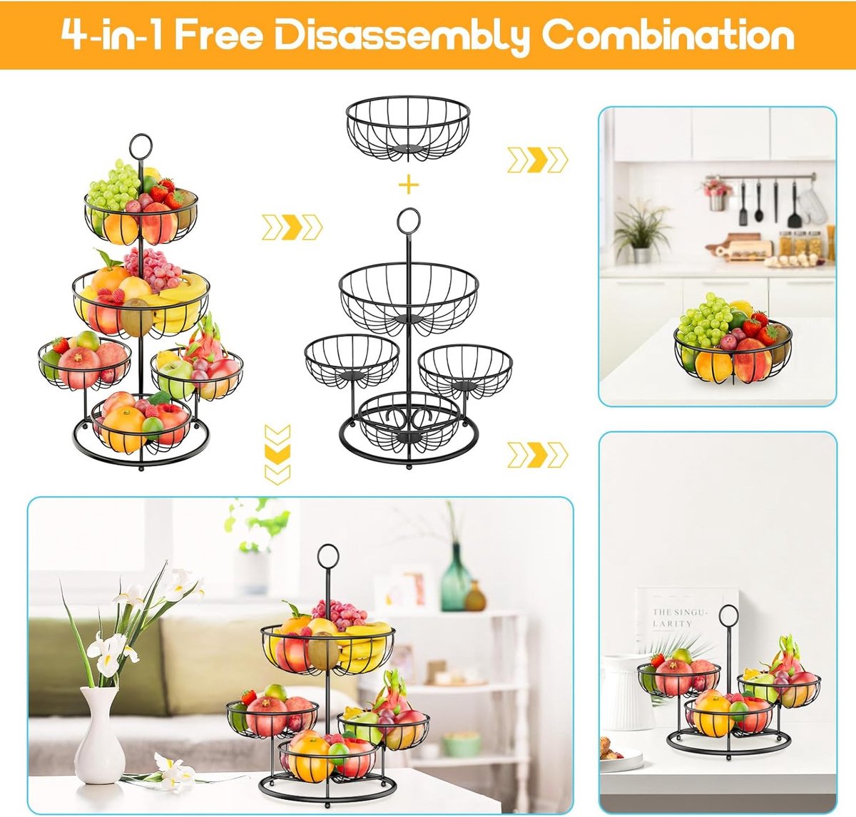 5-laagse fruitmand, metalen fruitschaalrek voor meer ruimte op het werkblad, moderne fruitschaalorganizer, fruitopslag voor brood, snacks, groenten (zwart)