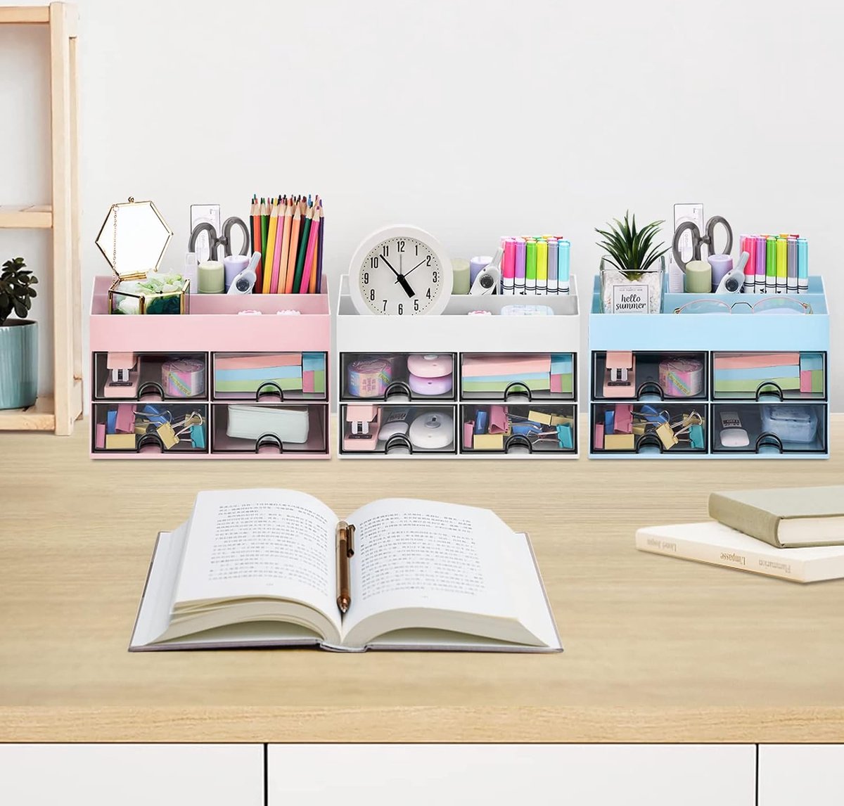 21 cm Bureau-organizer Penhouder voor op het bureau met lade Multifunctionele bureau-organizer Netjes opbergen van kantoorartikelen voor school, thuis en kantoor Roze