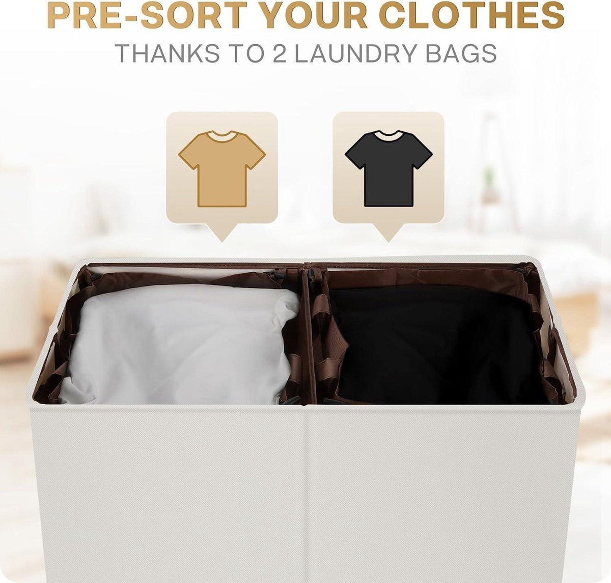 145L double laundry hamper with lid and removable laundry bags - white - large capacity, storage solution