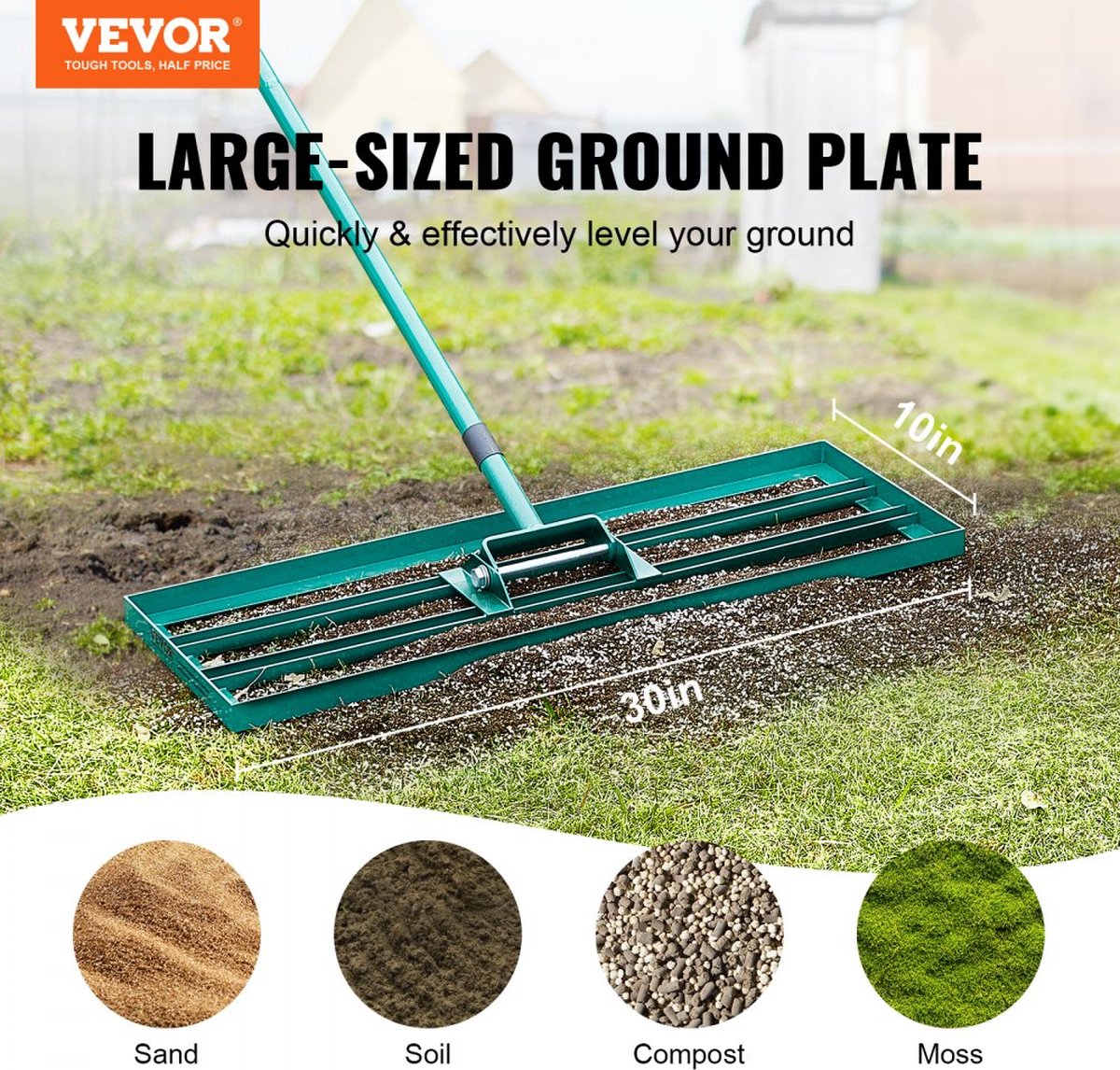 Grashark 760x254 mm Grondplaat Egaliseergereedschap Aluminiumlegering en Q235 Staal Egaliseerhark 1981 mm Stang Grondplaat Golfgras Egaliseergereedschap voor het egaliseren van Zand Aarde Compost en Mos