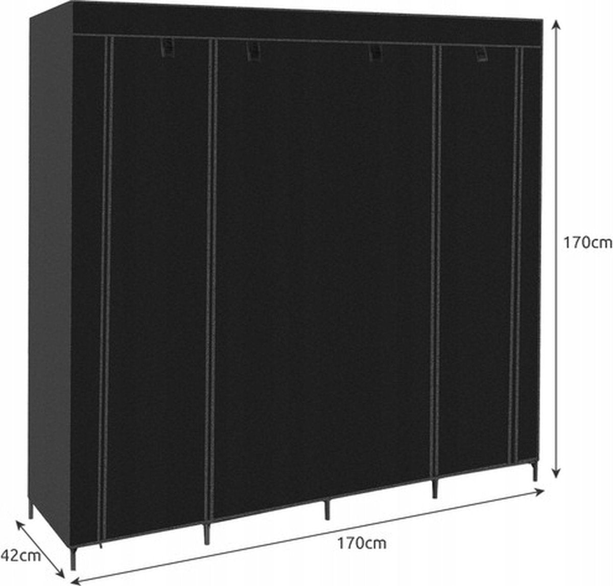 Fabric Wardrobe XXL 170 x 170 x 42 cm - Camping Cabinet - 14 Shelves - 3 Doors - 2 Hanging Rails - Black