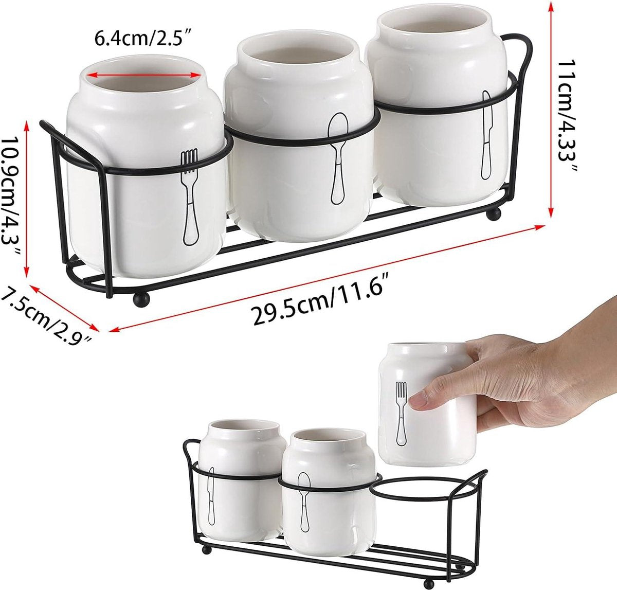 3-delige keramische bestekset - bestekmand metaal - lepelhouder aardewerk - wit Bestek organizer