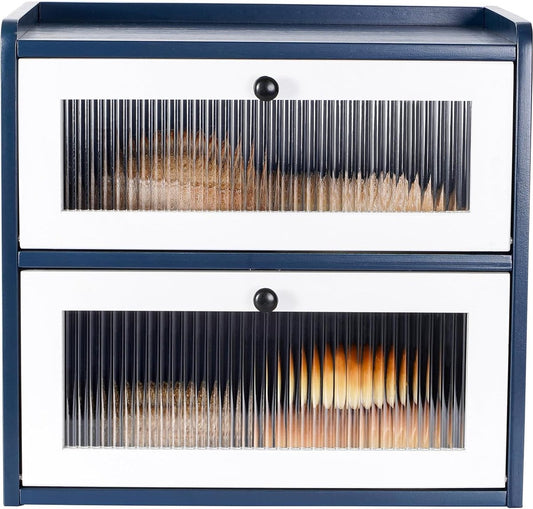 Bread bin, large arvenwood bread bin, for kitchen, wood, large bread storage, 2 tiers, XL, 36 x 24 x 34 cm, best storage for bread with magnetic acrylic door, blue