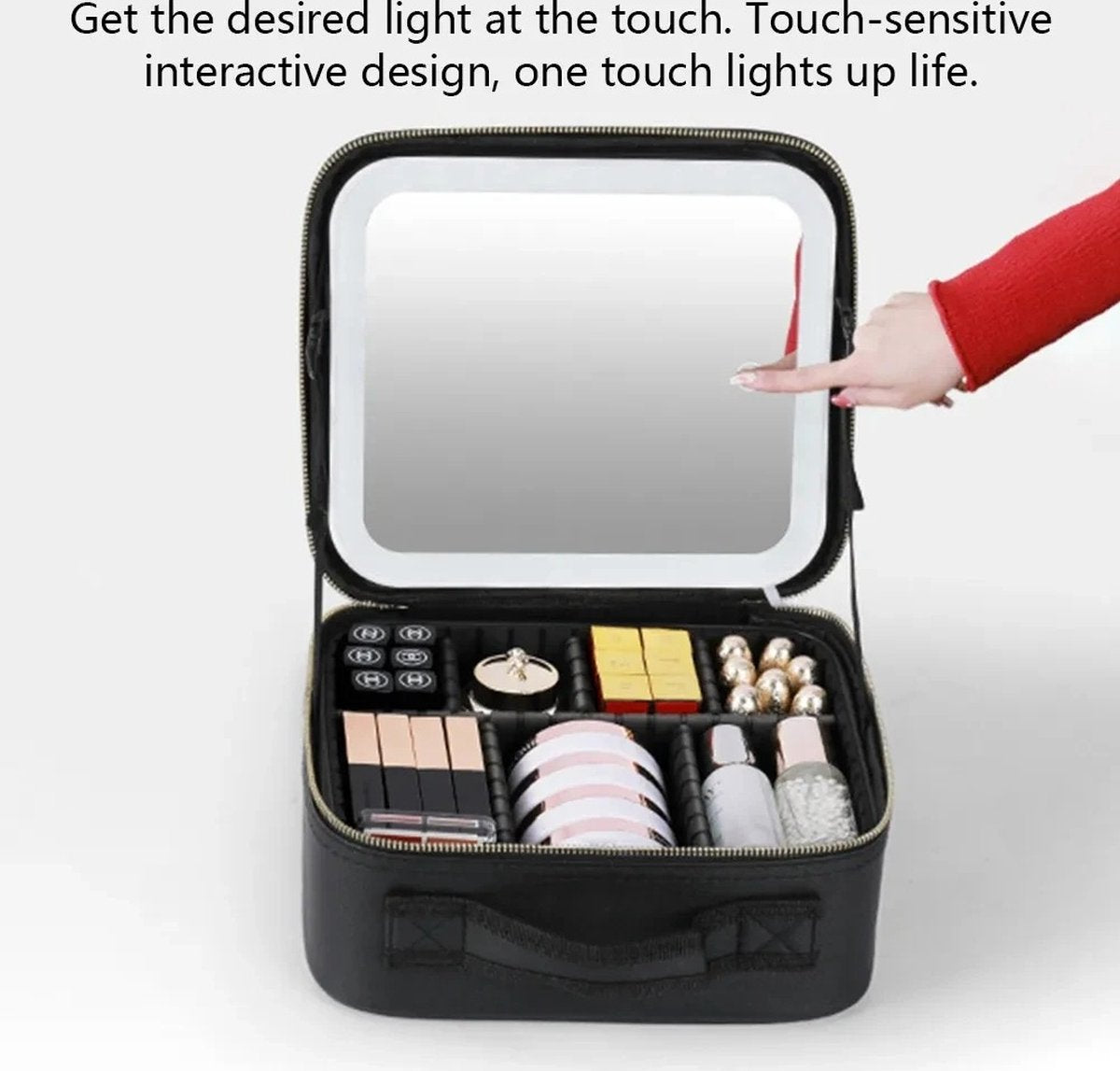 Make-upkoffer - Beautycase - Met verlichte LED-spiegel - Touchscreen - 23 x 26 x 15 cm - Opbergtas Make-up - Reistas - Zwart
