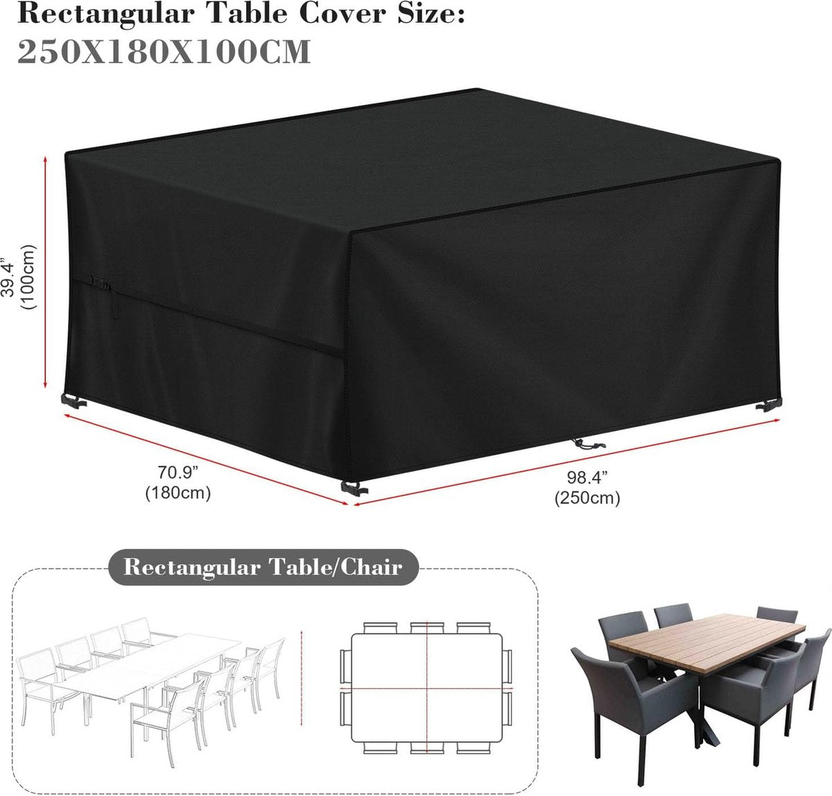 Tuinmeubelhoezen waterdicht, outdoor, winterbestendig afdekzeil voor tuinmeubelen, 420D Oxford beschermhoes voor tuintafel zitgroep rechthoekig 250 x 180 x 100 cm