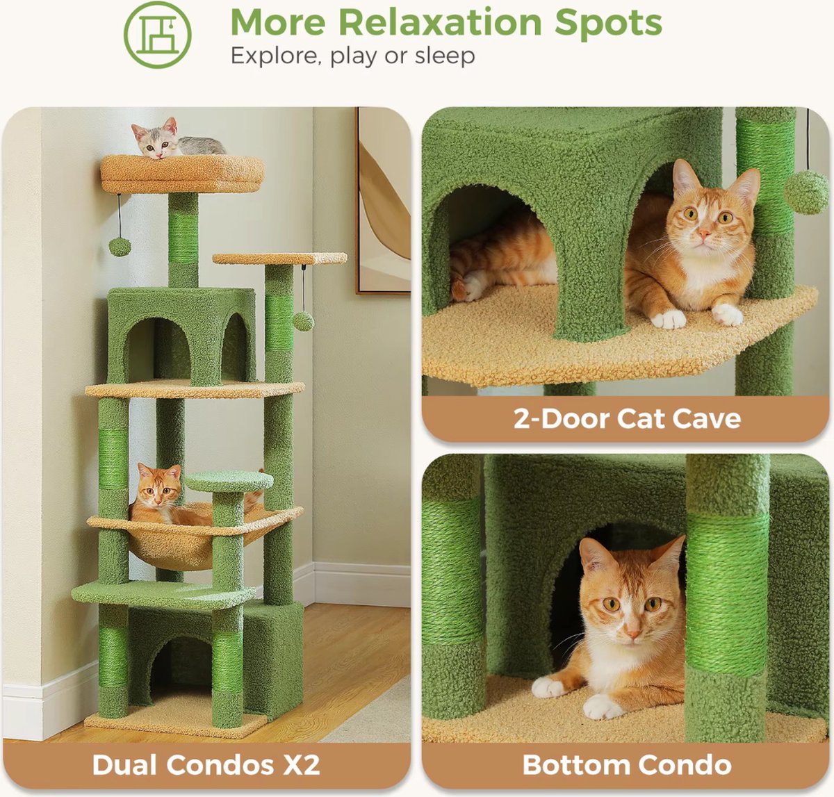 Luxe kattenboom - krabpaal voor katten - kattenhuis - kattenmeubel - kattentoren - groen - 40x44x136cm