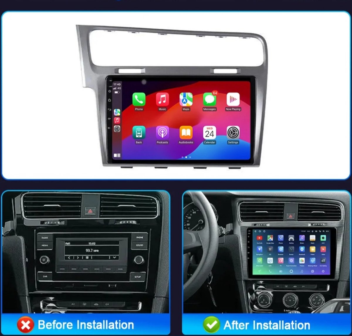 VW Volkswagen Golf 7 | ZILVER / LICHTGRIJS | 2012 - 2020 | Carplay & Android auto | 2GB & 32GB | Autoradio met navigatie | Radioscherm | 2012 2013 2014 2015 2016 2017 2018 2019 2020 | r line tsi gtd