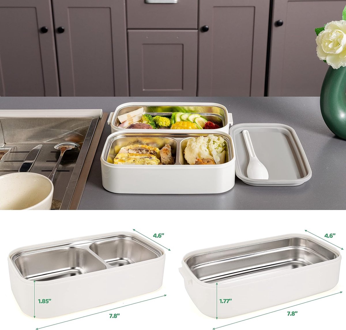 lunchbox volwassenen en kinderen incl. draagtas en bestek Bento Box roestvrij staal met vakken broodtrommel kleuterschool lunch snackbox broodtrommels bananenbox (wit)