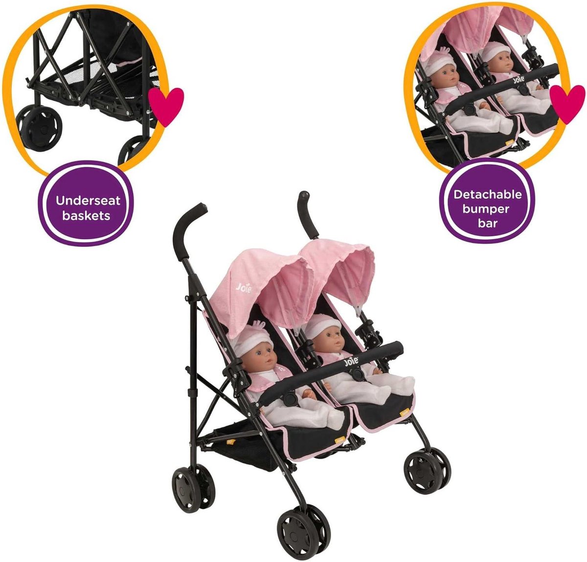 Joie Aire Twin kinderwagen zwart roze | Dubbele kinderwagen voor kinderen | Opvouwbare kinderwagen voor rollenspel poppen buggy Duo kinderwagen