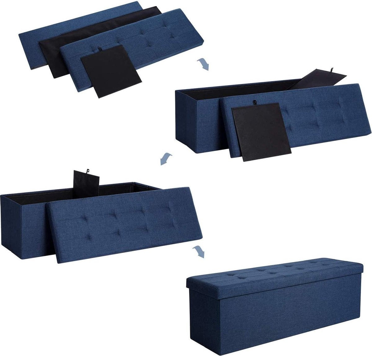 opbergbank, bank met deksel, opvouwbare poef, bed, slaapkamer, hal, ruimtebesparend, 120L inhoud, draagvermogen tot 300 kg, gewatteerd, marineblauw LSF77IN